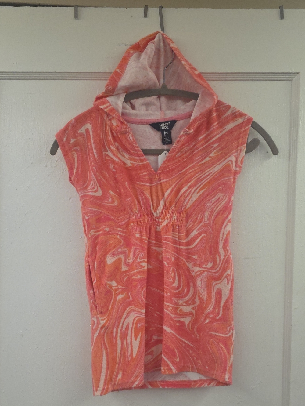 Lands' End Girls Hooded Cover Up Tunic XS 4-5 Coral Marble Swim Cover Up